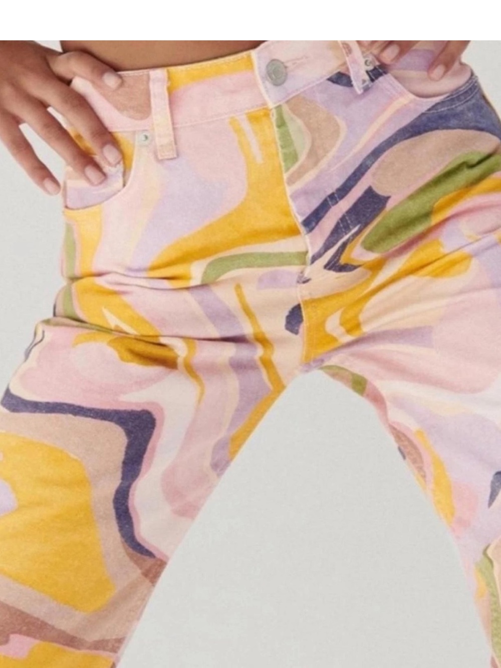 Zara Jeans Abstract Swirl Print Straight Leg Jeans Size 8 Pink Yellow Purple